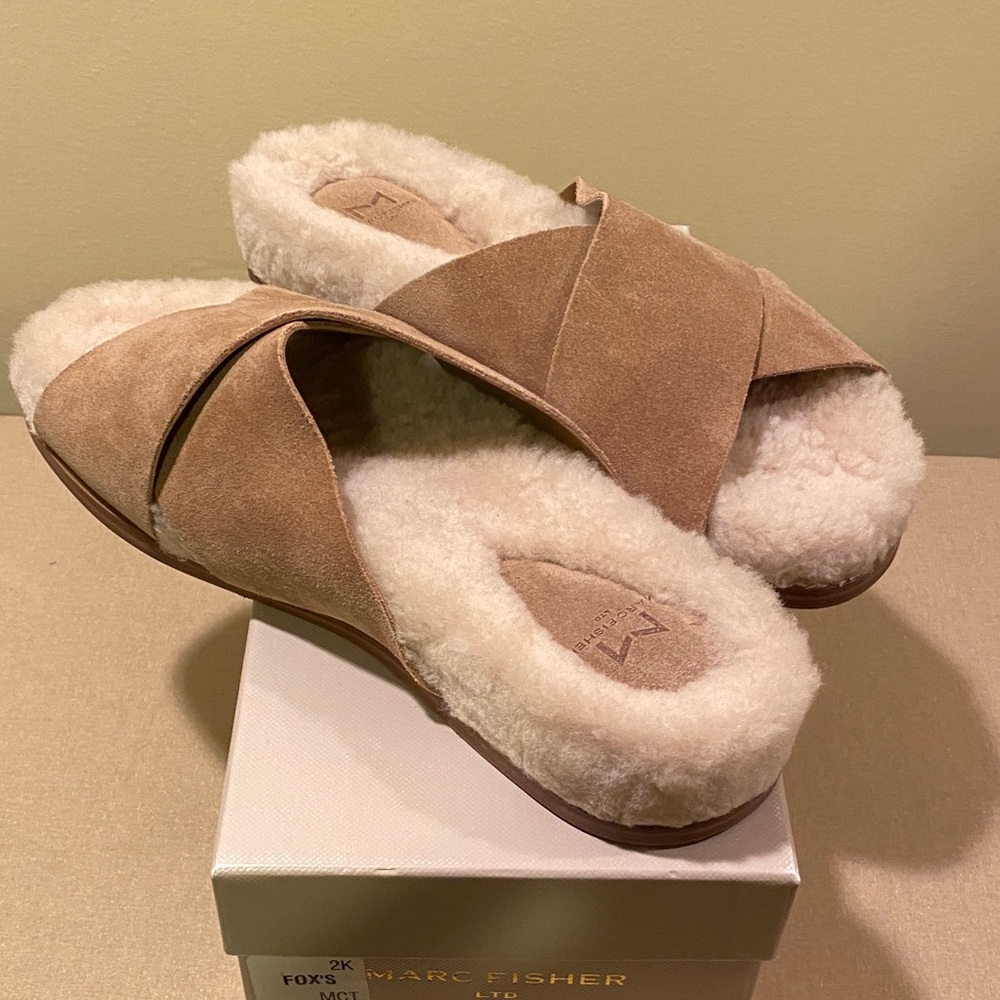 Marc Fisher Beige Suede Shearling Slide Slippers
